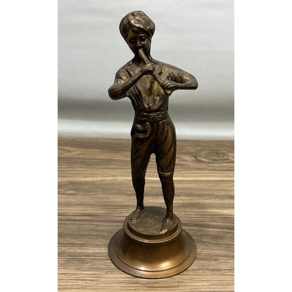 Boy With Flute Vintage Bronze Figurine Lacquered Made in India 8.75 Inches